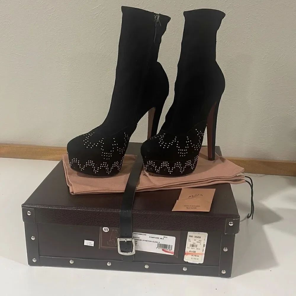Alaia Black Platform Suede Boots Size 38.5